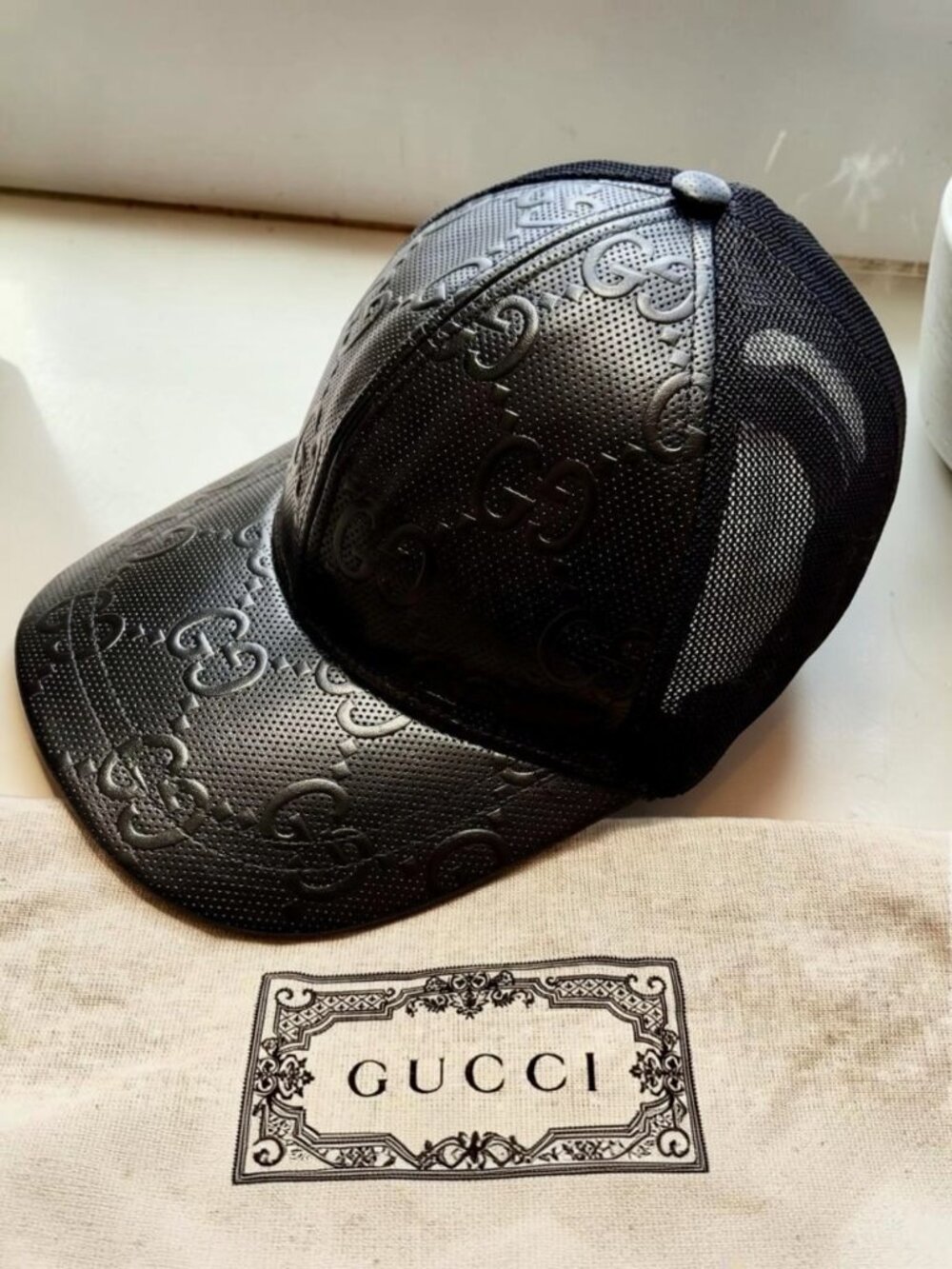 GUCCI GG Embossed Black Leather Mesh Trucker Baseball Cap Hat Italy + Dust Bag - Picture 3 of 10